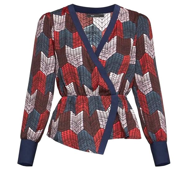 New BCBGMaxAzria XS Silky Wrap Peplum Blouse Top Geo Chevron Print Red Teal L/S - Picture 1 of 13